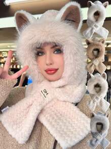 1 可爱二合一帽子围巾，狐狸耳朵围巾，兔耳羊毛帽，可爱耳朵羊毛帽和围巾组合，一体式耳罩防风帽和围巾，适合女性冬季秋季 - 彩色 - 查看 1