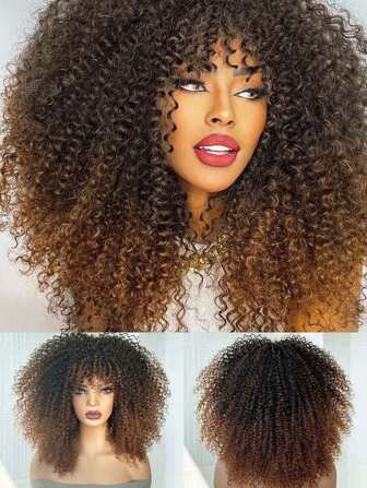 25-40 cm Ombre Brun Lockig Fluffig Syntetperuk Med Lugg, Värmebeständig Fiber, Lämplig För Dagligt Bruk Och Cosplay, Dam