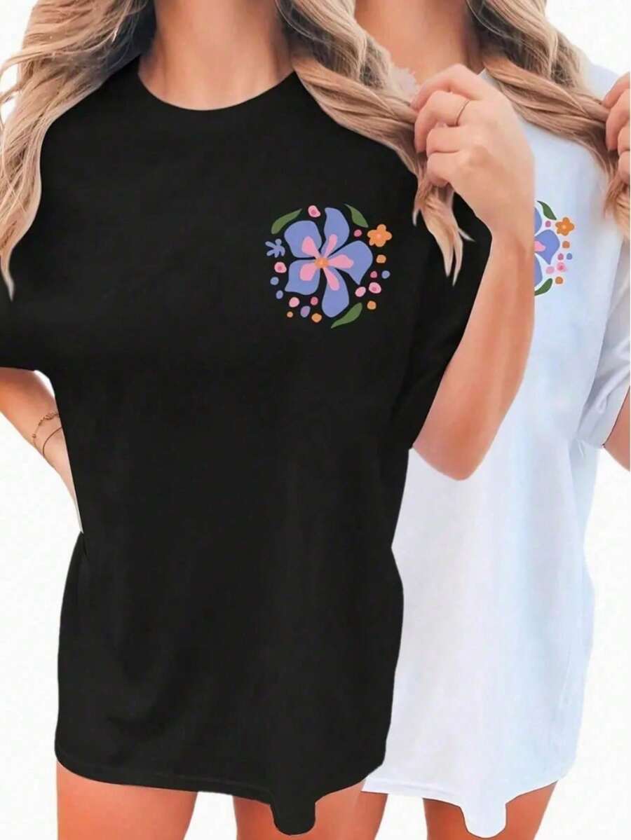 Kit 2 T-Shirt Women's T-Shirt Flower Print Round Neck Shirt 100% Cotton OVERSIZED - 黑與白 - 查看 1