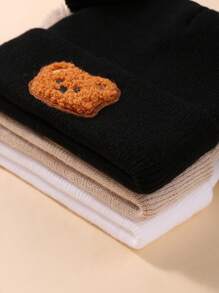 3-Piece Double Ball Decorated Bear Embroidery Knitted Hat Combination, Fashion Cute Bear, Suitable For Daily Leisure Collocation