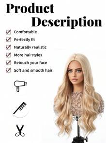 24英寸高品质自然波浪中长卷金色合成纤维假发，适合日常佩戴、节日、派对、角色扮演、万圣节、圣诞节和其他场合。 - 金色 - 查看 8