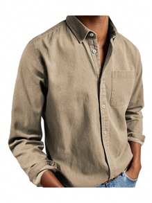Men's Dress Shirt Spring Autumn Loose Casual Office Long Sleeve Stand Collar Shirt - Màu Khaki - Xem 2