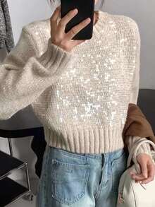 Crew Neck Sequin Embellished Long Sleeve Knit Pullover Top, Casual Solid Color Autumn/Winter - Apricot - View 2