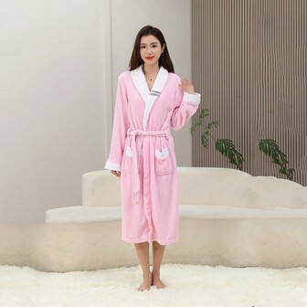 1 件女式翻领撞色浴袍睡衣，带口袋和腰带，柔软温暖，适合浴室、泳池、休闲室等所有季节