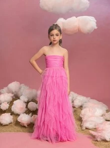 Tween Girl Layered Mesh Hem Strapless Party Dress