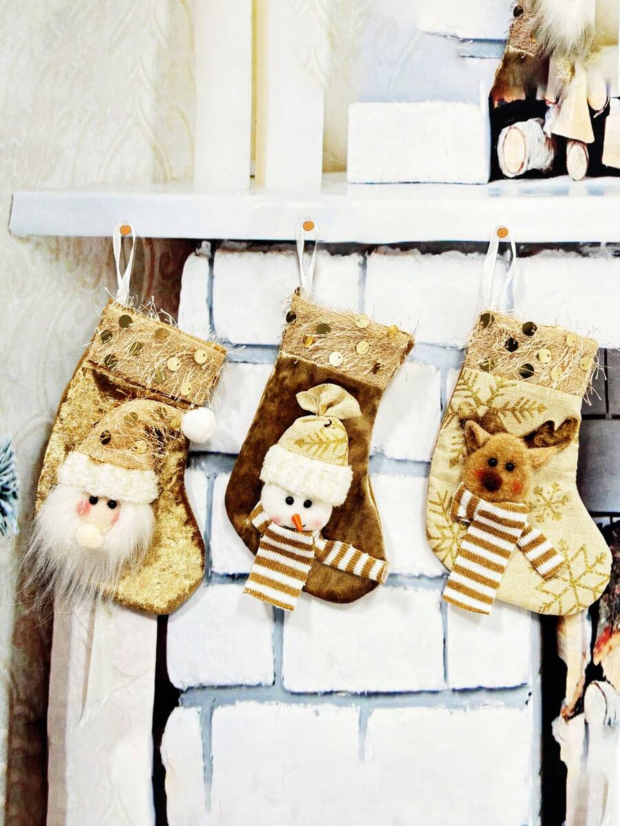 3 buc șosete de Crăciun, împachetare cadouri de Crăciun, cadouri pentru petrecerea de iarnă a bradului de Crăciun, pentru ghirlandă de cununi de Crăciun și decorare grădină acasă, decorare brad de Crăciun, elan, Moș Crăciun, om de zăpadă, șosete mici cadou aurii deschis (maro)