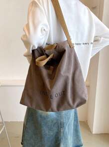 Sac fourre-tout en canevas vintage avec imprimé de lettres, sac à main, sac à bandoulière, sac bandoulière, sac fourre-tout polyvalent décontracté pour hommes et femmes, trajets, travail, école, voyage - Gris foncé - Voir 2
