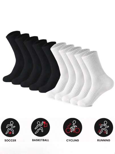 1/5/10prs Women Black & White Compression Athletic Ankle Socks, Breathable Running Sport Crew Socks Suitable For Cycling, Long Socks, Fall