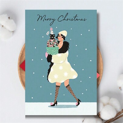 1 Peça Cartão de Saudação Festivo (Cartão de Natal) - Design de Senhora Festiva com Presentes, Conjunto de Cartão e Envelope, Saudação Sazonal Versátil - Para Presente de Natal para Família e Amigos