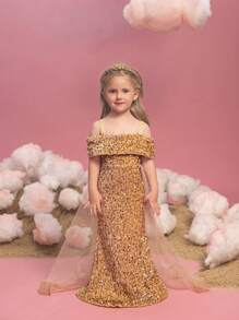 Young Girl Off-The-Shoulder Sequin Mesh Mermaid Evening Gown Dress Is Suitable For Banquets.