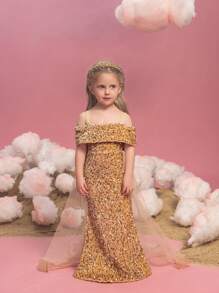 Young Girl Off-The-Shoulder Sequin Mesh Mermaid Evening Gown Dress Is Suitable For Banquets.