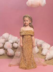 Young Girl Off-The-Shoulder Sequin Mesh Mermaid Evening Gown Dress Is Suitable For Banquets.