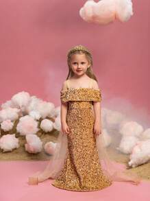 Young Girl Off-The-Shoulder Sequin Mesh Mermaid Evening Gown Dress Is Suitable For Banquets.