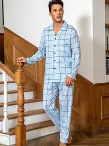 2 件装男士格子翻领单排扣长袖上衣和裤子家居服套装 - 彩色 - 查看 2