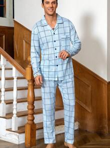 2 件装男士格子翻领单排扣长袖上衣和裤子家居服套装 - 彩色 - 查看 5