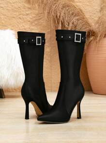 女士新款时尚过膝长靴，秋冬季优雅百搭水晶搭扣尖头细高跟黑色礼服靴，适合万圣节、圣诞节、感恩节、新年等场合。 - 黑色 - 查看 3