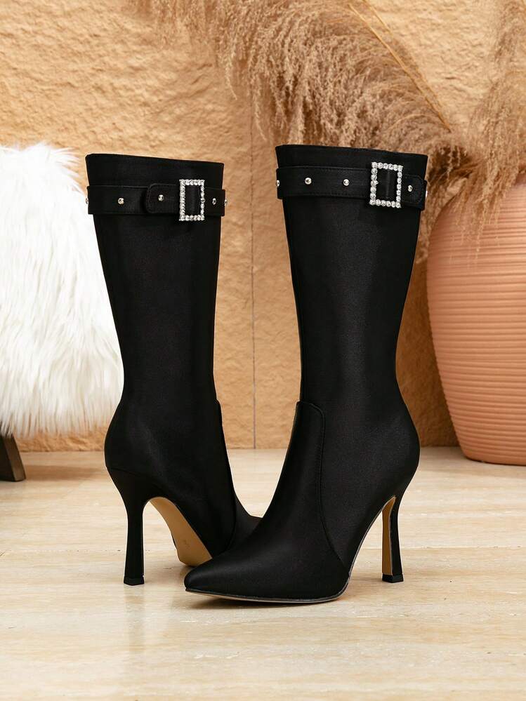 Women's New Fashion Thigh High Boots, Autumn/Winter Elegant Versatile Crystal Buckle Strap Pointed Toe Stiletto High Heel Black Dress Boots, Suitable For Halloween, Christmas, Thanksgiving, New Year - Black - View 2