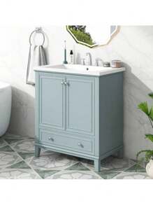 30" Bathroom Vanity ,With Sink Combo, Multi-Functional Bathroom Cabinet ,With Doors And Drawer, Solid Frame And MDF Board,Smooth Ceramic Sink,Multi-Functional Cabinet And Drawer,With Adjustable Shelf,Green.,Mmhorton