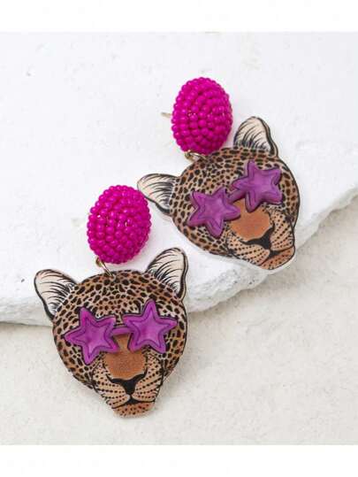 Pink Snail Statement Earrings, Valentine's Day Gift, Couple Gifts, Handmade Seed Beaded Stud And Pink & Yellow Acrylic Leopard/Cheetah Head With Star Glasses Animal Tropical Rainforest Style Drop Dangle Earrings For Women And Girls, Summer, Fall, Vacation, Beach Party, Wild, Sweet, Carnival, Music Festival