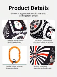 黑白婴儿床挂饰系列，包含婴儿床保险杠、书籍、几何动物造型圆形、圆柱形和矩形挂饰。此外，还有抗撕裂、可咀嚼的布书，以及婴幼儿视觉刺激玩具。