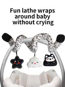 黑白婴儿床挂饰系列，包含婴儿床保险杠、书籍、几何动物造型圆形、圆柱形和矩形挂饰。此外，还有抗撕裂、可咀嚼的布书，以及婴幼儿视觉刺激玩具。