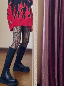 1 双女士黑色花卉和太阳元素细网眼渔网袜，薄款性感镂空提花连裤袜，适合春秋季节