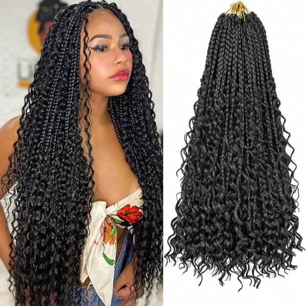 24Inch Boho Box Braids Crochet Hair, 1/6Packs Boho Goddess Box Braids Crochet Hair For Woman Crochet Box Braids With Curly Ends Bohemian Hippie Crochet Braids Synthetic Hair Extension(1B#)