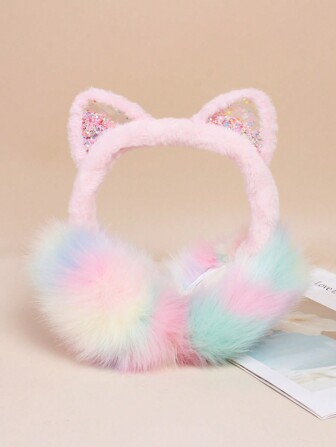 1pc Kids Cute Cat Ear Star Sequin Plush Earmuffs, Warm & Foldable For Autumn/Winter