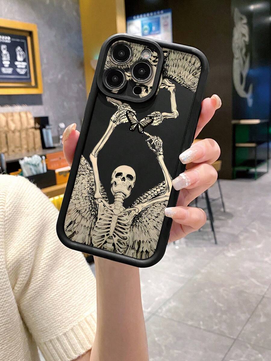1pc Angel Skull Butterfly Halloween Pattern Anti-Fingerprint Black Sand Texture Phone Case Compatible With IPhone/ Compatible With Samsung// Compatible With Redmi/ Compatible With Infinix/ Compatible With VIVO - Black - View 1