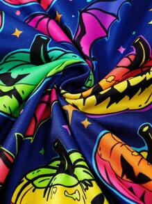 2pcs/Set Halloween Night Glow Bat & Pumpkin Print Long Sleeve T-Shirt + Pants, Casual & Comfy Outfit, Glow Effect Only Appears Under Purple Light - Multicolor - View 9