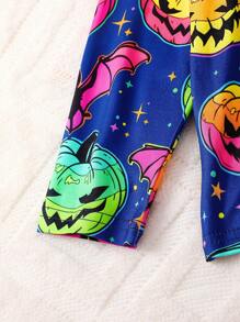 2pcs/Set Halloween Night Glow Bat & Pumpkin Print Long Sleeve T-Shirt + Pants, Casual & Comfy Outfit, Glow Effect Only Appears Under Purple Light - Multicolor - View 5