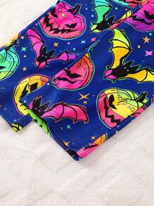 2pcs/Set Halloween Night Glow Bat & Pumpkin Print Long Sleeve T-Shirt + Pants, Casual & Comfy Outfit, Glow Effect Only Appears Under Purple Light - Multicolor - View 8