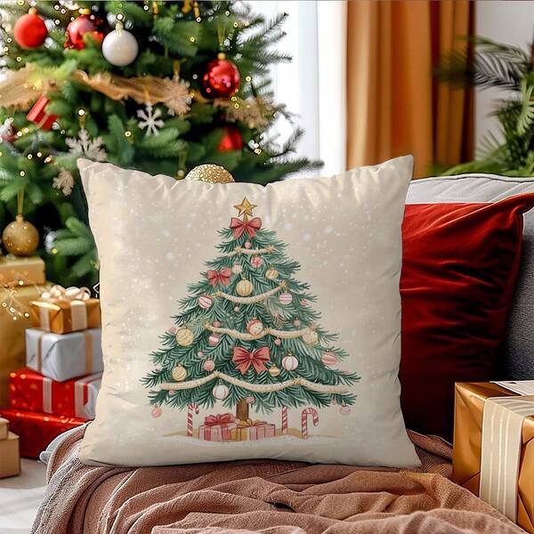 1 peça Árvore de Natal Minimalista em Aquarela, Floco de Neve, Capa de Almofada com Estampa de Papai Noel, Material de Veludo Pêssego Macio, Impressão de um Lado, 45*45CM, Presente de Natal