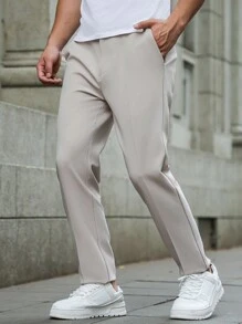 Premium Quality Office & Commuting Solid Color Elastic Button & Zipper Suit Pants For Men, Light Weight - Khaki - View 1