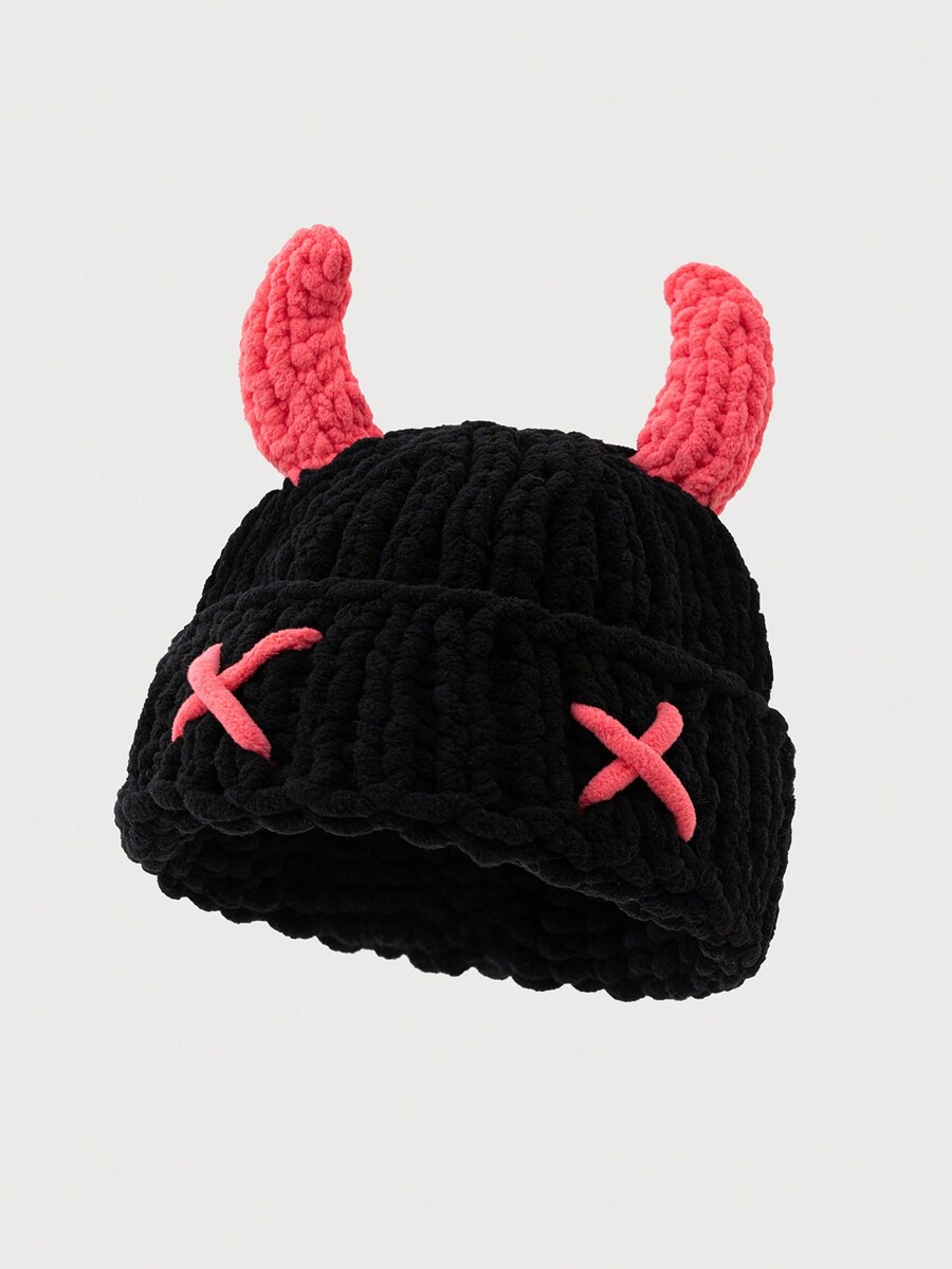 1pc Women Fashionable Devil Horn Decor Thick HandKnit Hat, Warm