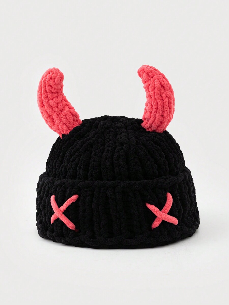 1pc Women Fashionable Devil Horn Decor Thick HandKnit Hat, Warm