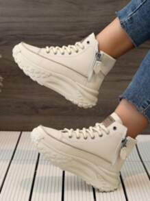 女式高帮增高休闲运动鞋，带侧拉链，圆头，厚底，2025 年新款时尚街头服饰春/秋 - 卡其色 - 查看 7