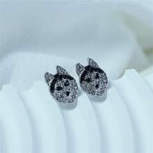Creative Personality Shining Black And White Rhinestone Cute Husky Stud Earrings For Women Exquisite Cartoon Puppy Animal Jewelry Accessories Gift For Mother, Wife, Daughter, Girl - 銀色 - 查看 5