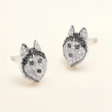 Creative Personality Shining Black And White Rhinestone Cute Husky Stud Earrings For Women Exquisite Cartoon Puppy Animal Jewelry Accessories Gift For Mother, Wife, Daughter, Girl - 銀色 - 查看 3