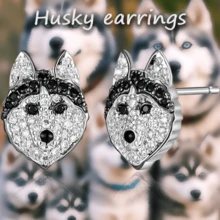 Creative Personality Shining Black And White Rhinestone Cute Husky Stud Earrings For Women Exquisite Cartoon Puppy Animal Jewelry Accessories Gift For Mother, Wife, Daughter, Girl - 銀色 - 查看 1