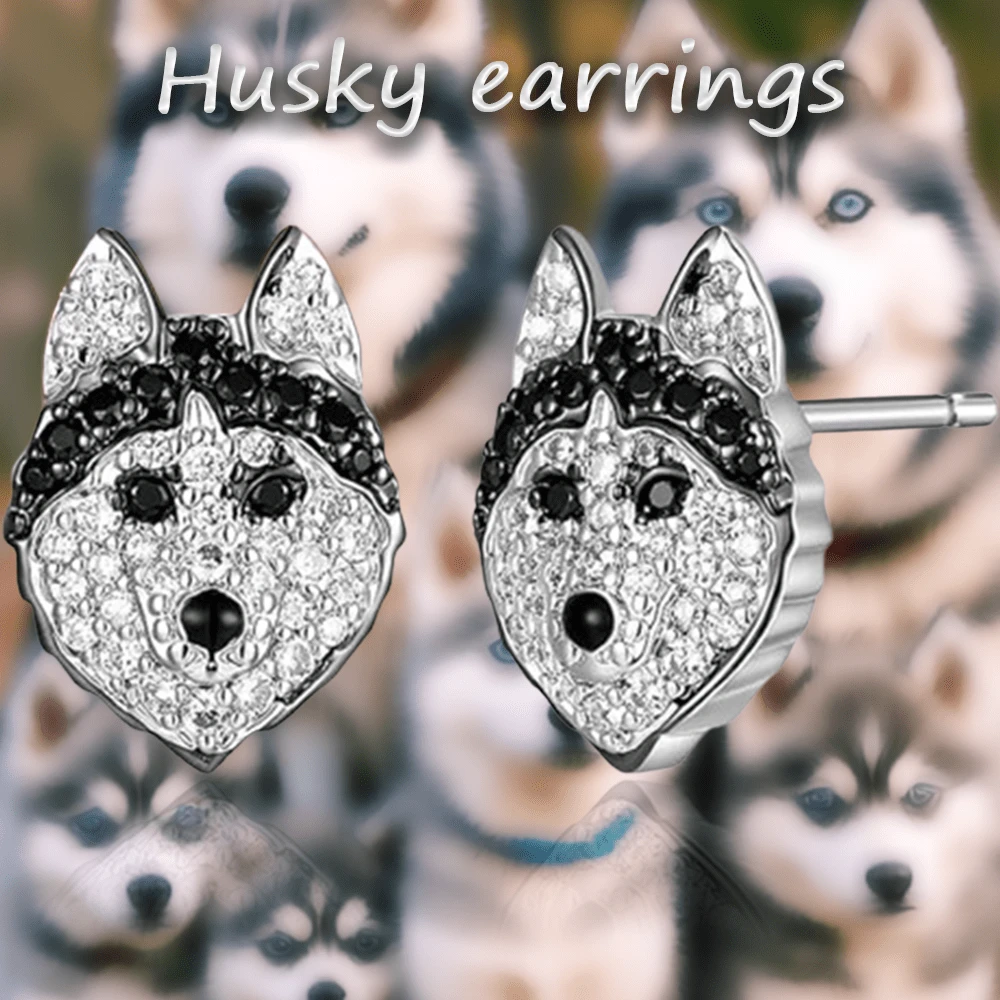 Creative Personality Shining Black And White Rhinestone Cute Husky Stud Earrings For Women Exquisite Cartoon Puppy Animal Jewelry Accessories Gift For Mother, Wife, Daughter, Girl - 銀色 - 查看 1