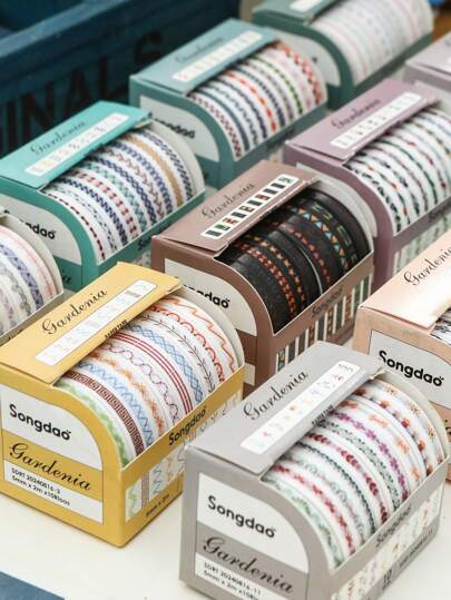 10 Rolls/Box, Retro Geometric Pattern Washi Tape, Simple Fresh And Simple Thin Strip Creative Design Sticker Rolls, For DIY Plan Book Background Decoration Materials, Fashionable And Delicate Masking Tape, Scrapbook Decoration Back To School