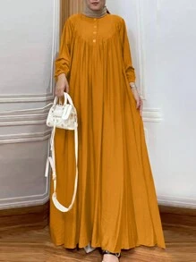 ZANZEA Women Round Neck Buttons Pleated Long Sleeve Tunic Swing Loose Kaftan Casual Party Long Dress - 黃色 - 查看 2