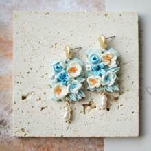 1 对手工制作的复古花卉圆形矩形 3D 聚合物粘土耳环，优雅配饰适合女性工作和日常佩戴，节日礼物 - 多色立體花朵耳環 - 查看 3