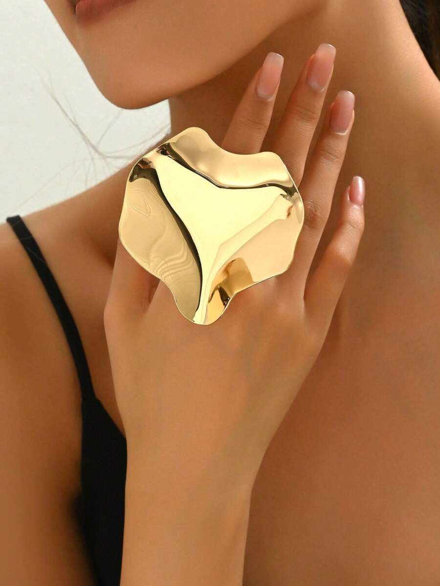 1pc 时尚夸张金属大叶子设计戒指，欧美风格