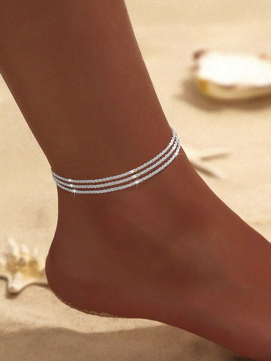 1 件优雅三层闪亮线性女士脚链，时尚单品适合日常穿着、摄影、度假 - 銀色 - 查看 1