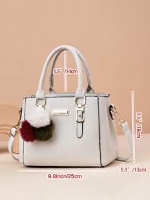 Litchi Embossed Square Bag Pom Pom Decor PU, Mother's Day Gift For Mom, Best Mother's Day Gifts Ever - White - View 4