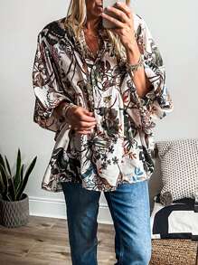 Blouse femme blanche à manches chauve-souris avec imprimé nature