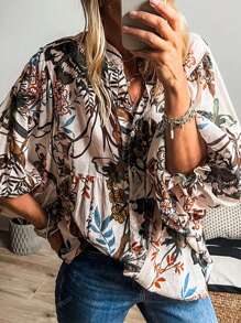 Blouse femme blanche à manches chauve-souris avec imprimé nature
