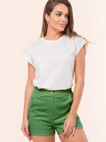 Kit 2 Women's Tailored Shorts, Elastane, Comfortable, Elegant, High-Waisted, With Pockets - White and Green - View 8
